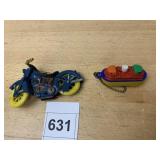 VTG TOY MOTORCYCLE AND MINIATURE SHIP KEYCHAIN.