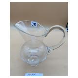 STEUBEN GLASS PITCHER, CLEAR GLASS, SIGNED.