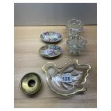 ASSORTED DECORATIVE ITEMS, GLASS BIRD DISH, BRASS