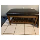 WOODEN ENTRYWAY BENCH, DARK BROWN FAUX LEATHER