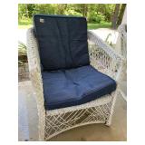 WHITE WICKER ROCKING CHAIR, BLUE CUSHIONS