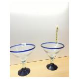 HAND-BLOWN MARGARITA GLASSES W/ COBALT BLUE RIMS