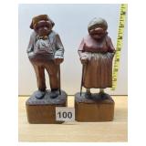 VTG HAND-CARVED WOODEN FIGURINES, ELDERLY COUPLE
