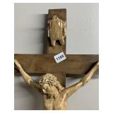 VTG WOODEN CRUCIFIX W/ CARVED FIGURE, INRI