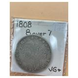US 1808 8 OVER 7 CAPPED BUST HALF DOLLAR