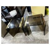 PR SMOKED GLASS END TABLES, BRASS TRIM, MCM