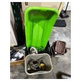 ASSORTED UTILITY ITEMS, PLASTIC SLED, WORK LIGHT,