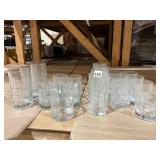 CLEAR GLASS TUMBLERS, GRID PATTERN, VARIOUS