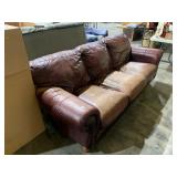 LEATHER SOFA, THREE CUSHION, ROLLED ARMS, BROWN