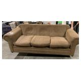 SOFA, BROWN TEXTURED FABRIC, ROLLED ARMS, THREE