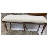 UPHOLSTERED BENCH, WOOD FRAME, TURNED LEGS,
