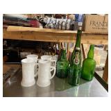 MILK GLASS BEER MUGS W/ RELIEF FIGURES, ASSORTED