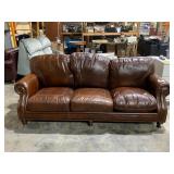 LEATHER SOFA, BROWN, THREE CUSHION, ROLLED ARMS,