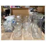 CLEAR GLASS VASES, ASSORTED SHAPES, INCLUDES