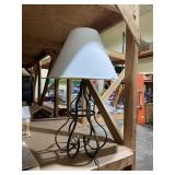 WROUGHT IRON TABLE LAMP, SCROLLWORK BASE, CONICAL
