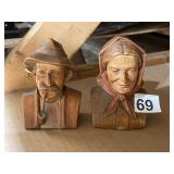VTG HAND-CARVED WOODEN BUSTS, ELDERLY MAN W/