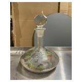 FROSTED GLASS DECANTER, HAND-PAINTED PANSY MOTIF,