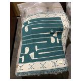 VTG WOVEN THROW BLANKET, GOLF THEME, TEAL/CREAM,