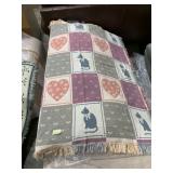 VTG WOVEN THROW BLANKET, CAT AND HEART MOTIF,