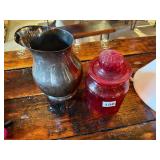 SILVER-TONE METAL PITCHER, RED GLASS JAR W/ LID.
