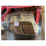 OAK BARREL, METAL HOOPS, BUNG HOLE, STAMPED E.