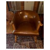 LEATHER BARREL CHAIR, BRASS NAILHEAD TRIM, TURNED