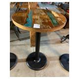 RECLAIMED WOOD TOP PUB TABLE, ROUND, MULTICOLORED