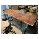 INDUSTRIAL WORKBENCH, WOOD TOP, PAINTED BLUE