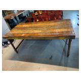 INDUSTRIAL WORK TABLE, RECLAIMED WOOD TOP, METAL