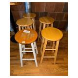 WOODEN BAR STOOLS, ROUND SEATS, TAPERED LEGS,