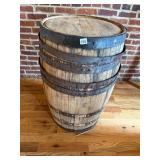 WOODEN BARREL, RUSTED METAL HOOPS, CYLINDRICAL