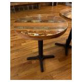 RECLAIMED WOOD BISTRO TABLE, ROUND TOP, CAST IRON