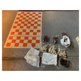 CHESS PIECES, WOODEN, WHITE AND BROWN, IN