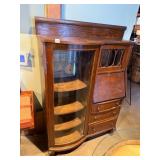 VTG OAK SECRETARY DESK, CURVED GLASS DISPLAY