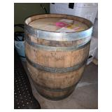 WOODEN BARREL, METAL HOOPS, OPEN TOP.