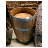 WOODEN BARREL, METAL HOOPS, OPEN TOP, CYLINDRICAL