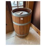 WOODEN BARREL, METAL HOOPS, SILVER-TONE