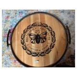 ROUND WOODEN SERVING TRAY, METAL HANDLES,