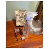 WP PLASTER WALL PLAQUE, CUT GLASS PITCHER, METAL
