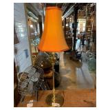 BRASS TABLE LAMP, URN-STYLE BASE, ORANGE FABRIC