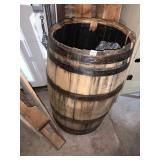 WOODEN WHISKEY BARREL, CHARRED INTERIOR, METAL