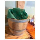 WOODEN BARREL, METAL HOOPS, GREEN TISSUE PAPER