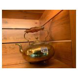 BRASS TEA KETTLE, FOOTED BASE, AMBER ACRYLIC