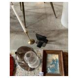 VTG BRASS CANDLESTICK, METAL BOOKEND, OVAL MIRROR