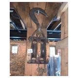 VTG DOUBLE WOOD BLOCK PULLEY, CAST IRON HOOK,