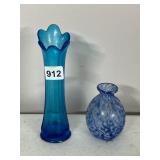 ART GLASS VASES, ONE BLUE RUFFLED RIM, ONE BLUE