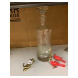 ETCHED GLASS DECANTER, BRASS ANCHOR FIGURINE,