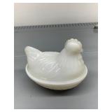 MILK GLASS HEN ON NEST, BASKET WEAVE BASE,