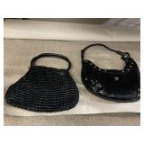 MM CROCHET STRAW HANDBAG W/ FLORAL LINING, BLACK