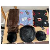 HARVE BENARD FLORAL SCARVES W/ TASSELS, FAUX FUR